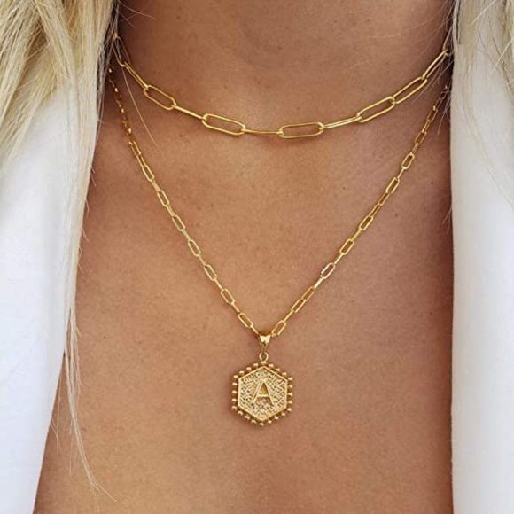 Dainty Layered Initial Necklaces for Women, 14K Gold Plated Paperclip Chain